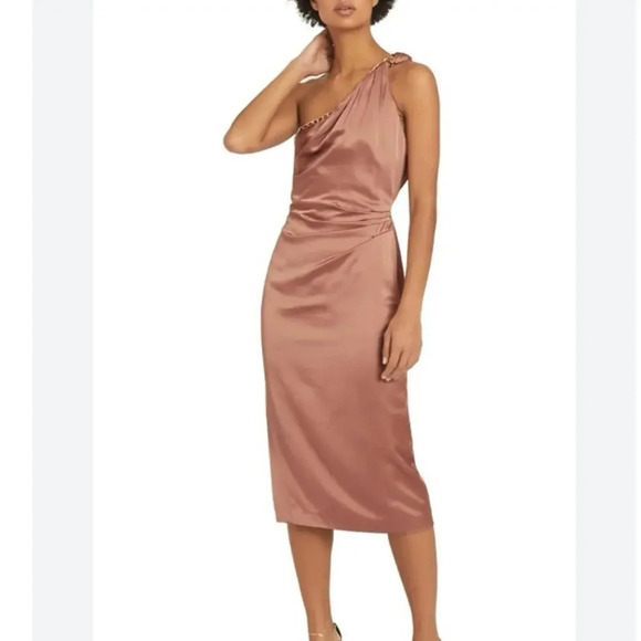 Reiss Adaline Chain Detail One Shoulder Satin Dress - Picture 1 of 11